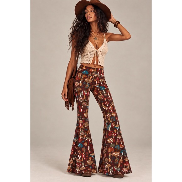 Earthbound Trading Co. Pants - Earthbound Mushroom Flare Pants L Brown Bell Bottoms Whimsigoth 70s Boho Hippie